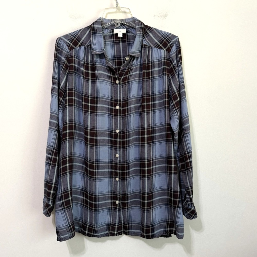 J Jill Plaid Blouse Top L Blue Long Sleeve Boho Casual Button Front Cotton Rayon